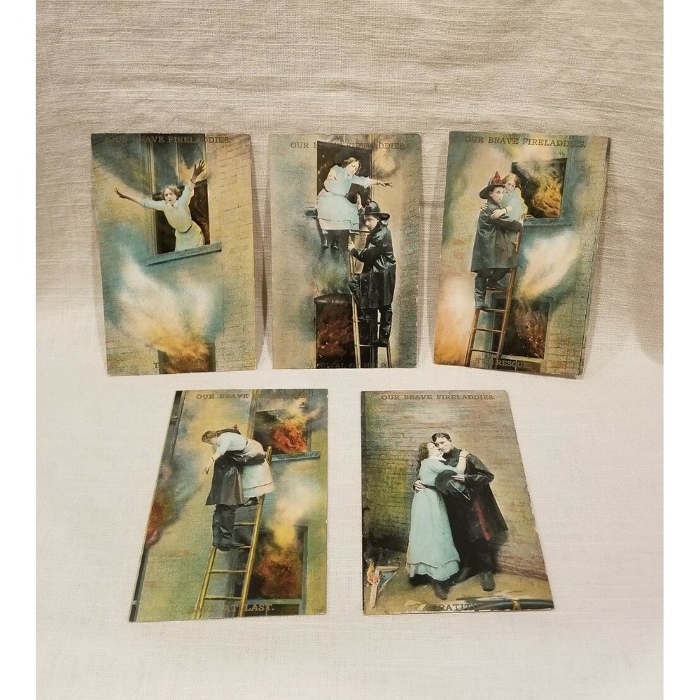 Antique UNUSED Postcards 'Our Brave Fireladdies' Complete Set Of 5